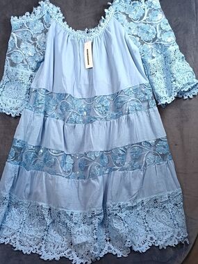 CBR Light Blue, Embellished Lace-Panel Midi Dress